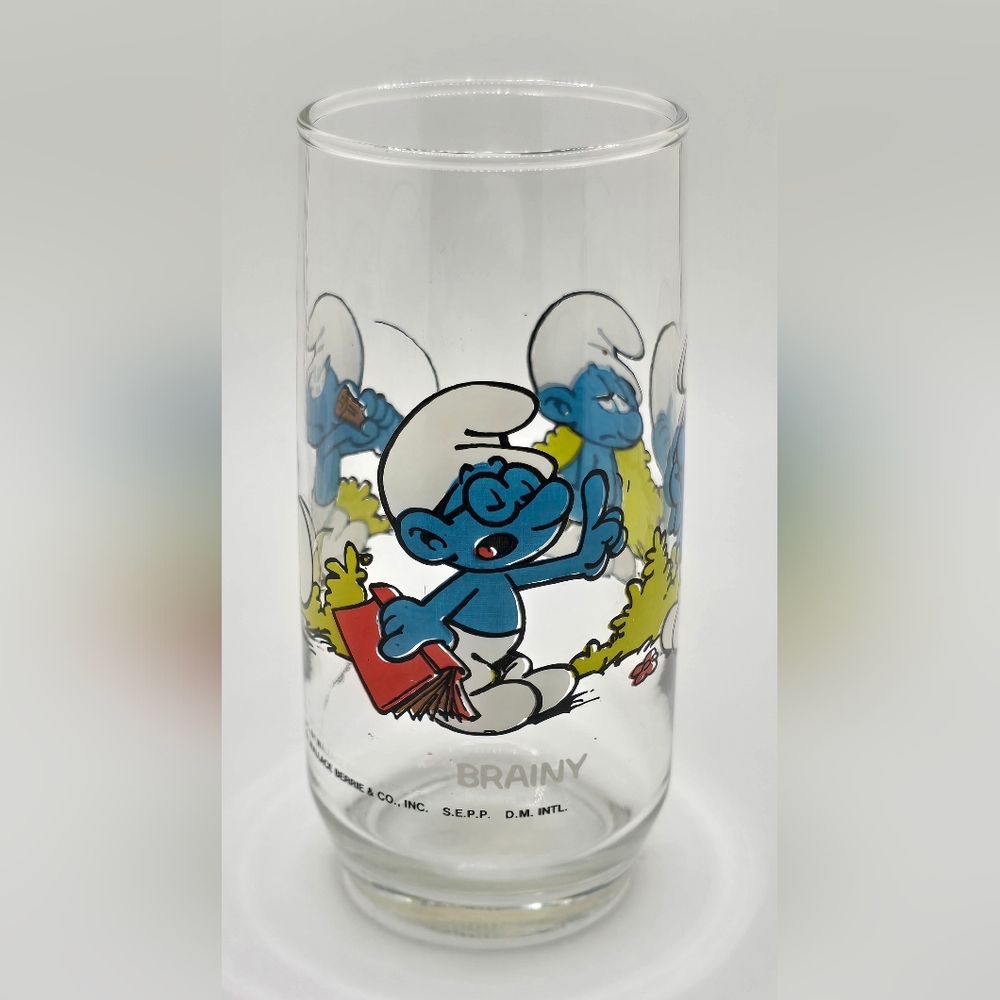 Vintage Brainy Smurf Collectible  Drinking Glass 1982 Peyo by Wallace Berrie EUC